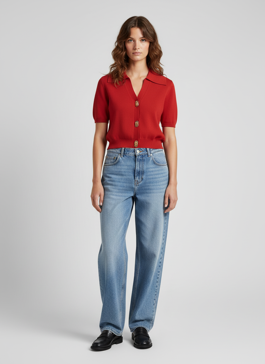 Gestricktes Top mit Spitzkragen und goldenen Knöpfen für Frauen