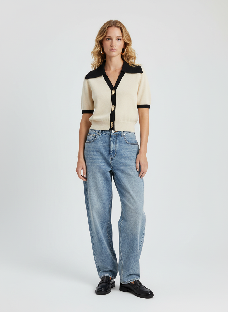 Gestricktes Top mit Spitzkragen und goldenen Knöpfen für Frauen