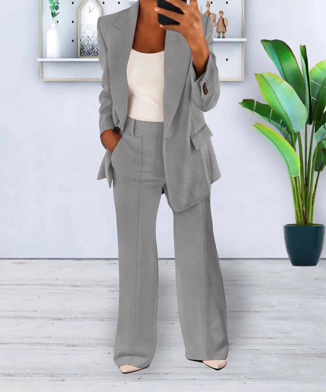 Dame Buksedress – Oversized Blazer med Vide Bukser – Høyt Liv – Elegant Business Look