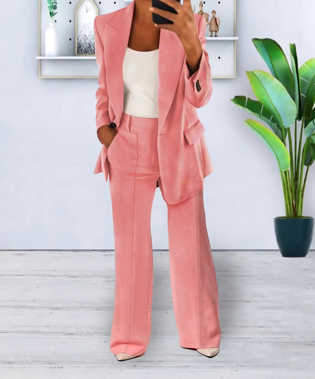 Dame Buksedress – Oversized Blazer med Vide Bukser – Høyt Liv – Elegant Business Look